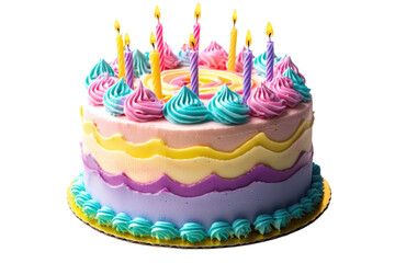 Naklejka premium Bright colorful birthday cake decorated with vibrant frosting swirls and tall lit candles for celebration, party desserts, and festive event theme