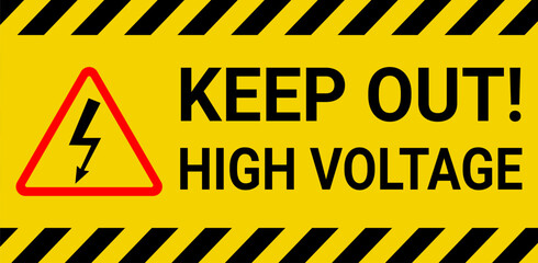 Sticker Danger High Voltage Sign. Keep out. Black arrow isolated in red triangle. Warning sign. Vector illustration