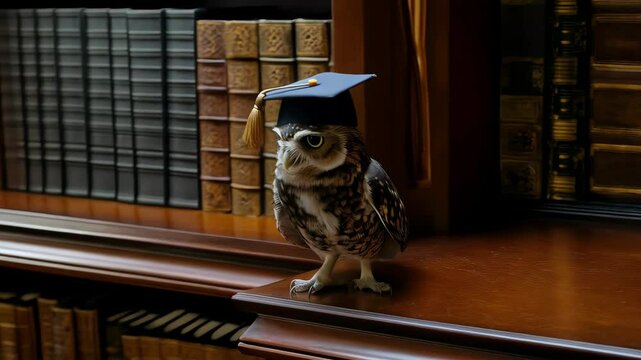Cute little owl wearing a graduation cap stands among old books on a shelf. Concept of education and knowledge.
