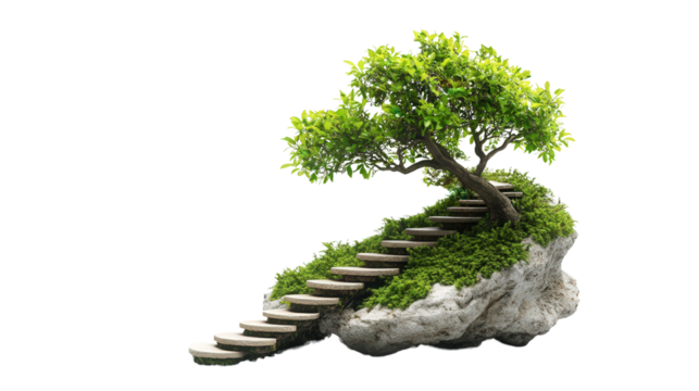 Bonsai with winding miniature staircase, Transparent background, PNG file - Powered by Adobe
