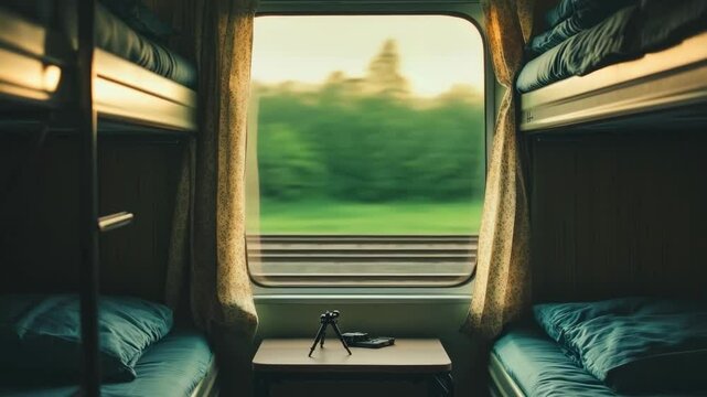 Train journey through green landscape: view from sleeper car window