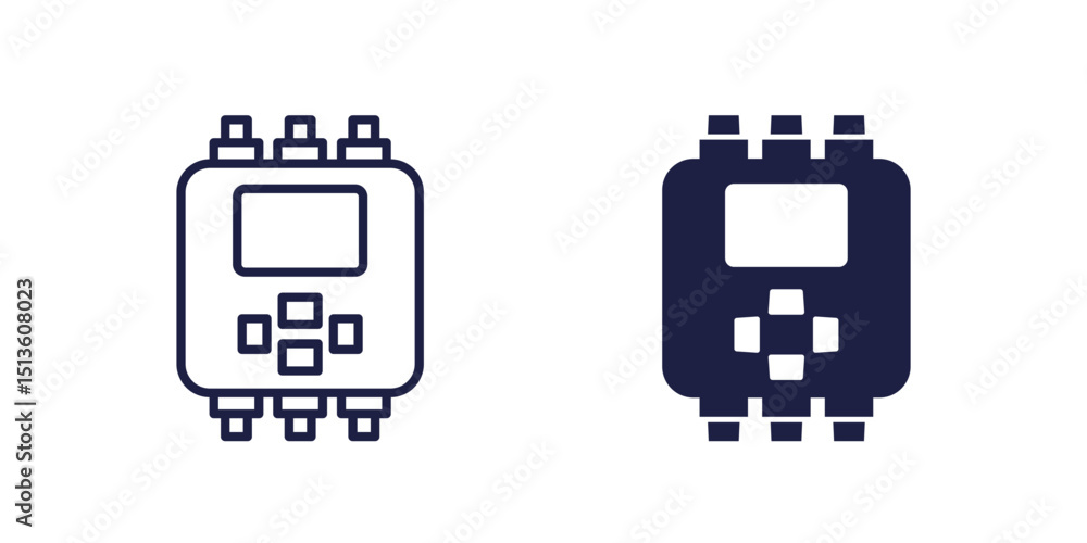 Poster plc icons, programmable logic controller, line and solid design
