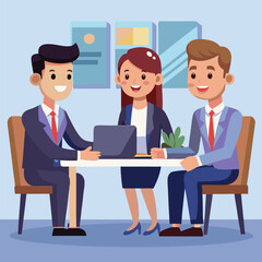 Cartoon Vector Business Interview Scene with Handshake and Female Recruiter in Modern Office
