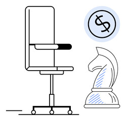 Office chair symbolizes workplace, chess knight represents strategy, dollar sign conveys financial goals. Ideal for business strategy, leadership, career planning, investment planning, productivity