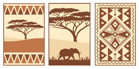 Stylized African landscape featuring trees and an elephant against a tribal pattern backdrop