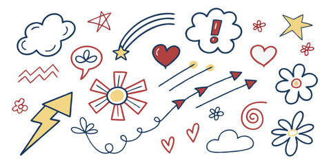 Colorful doodles featuring hearts, flowers, arrows, and clouds creating a playful design on a light background