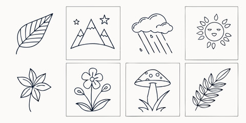 Collection of simple line drawings showcasing nature themes with leaves, mountains, rain, and flowers displayed in various arrangements