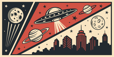 Retro space art depicting flying saucers, planets, and a city skyline at night with stars in the background