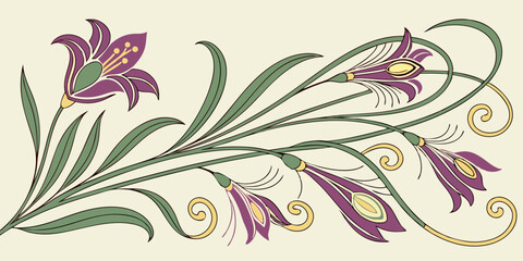 Beautiful floral design featuring stylized purple flowers and green leaves on a light background