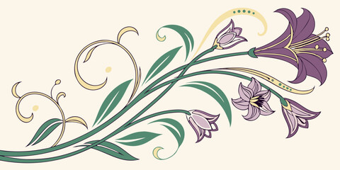 Decorative floral design featuring purple and green elements with intricate details and elegant curves