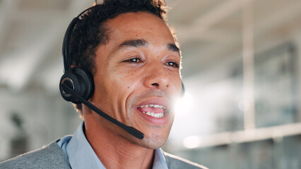 Consultant, thinking and man with headset in call center for help or online assistance. Communication, contact us or customer service with employee for feedback or support as office virtual assistant