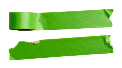 Green adhesive tape isolated on transparent background. scotch tape. torn masking tape sticker. Ripped piece tape. Mockup, template for labels, text, message. realistic design elements, PNG, Cutout 