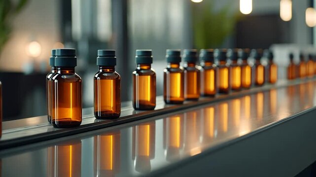 Amber glass bottles on conveyor belt