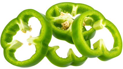 Green pepper slices isolated on a transparent background. Fresh and healthy pepper slices for food, diet and cooking design elements. PNG, Cut out