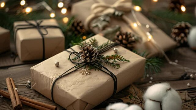 Festive presents wrapped in brown paper, adorned with pinecones and string, set against a warm, decorative backdrop. Perfect for seasonal celebrations.