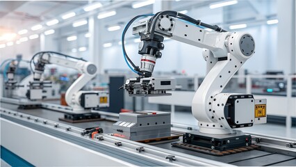 Robotics in Manufacturing: Advanced robotic arms working on an assembly line in a high-tech industrial setting, showcasing the future of automation and industrial processes.