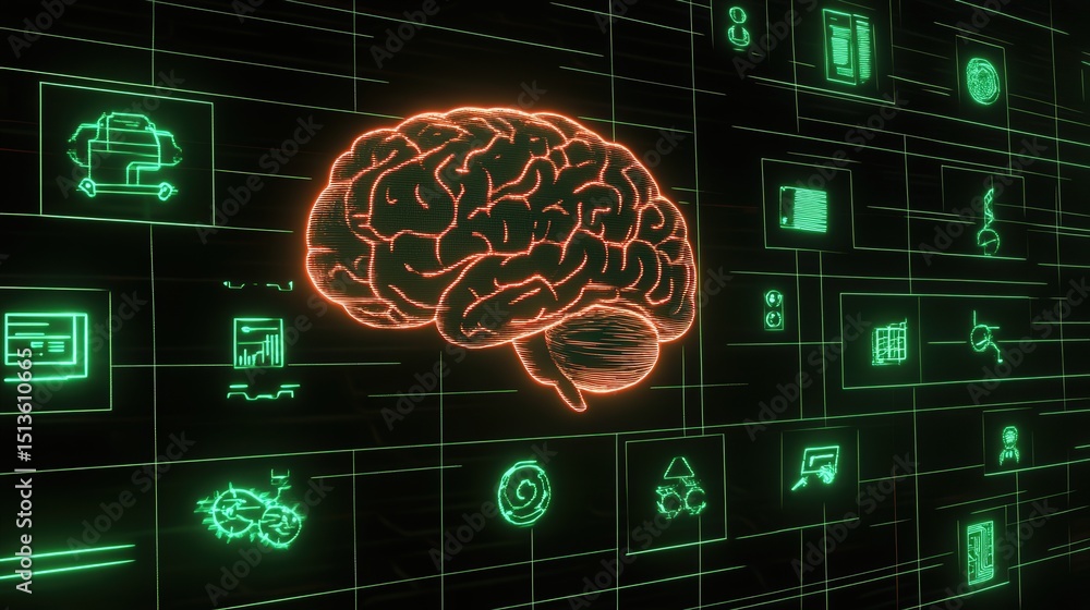 Poster a glowing 3d brain with dynamic ai icons representing innovation and technology, set against a futur