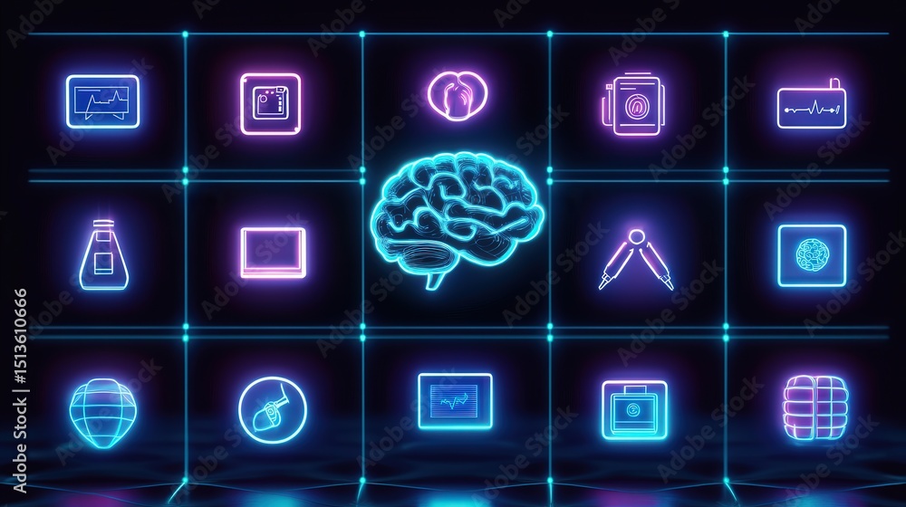 Poster a glowing 3d brain with dynamic ai icons representing innovation and technology, set against a futur