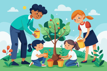 Schoolchildren plant trees under the guidance of a kind teacher - ecology begins in childhood