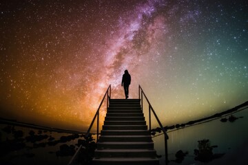 Silhouette climbing stairs towards a vibrant and starry night sky view