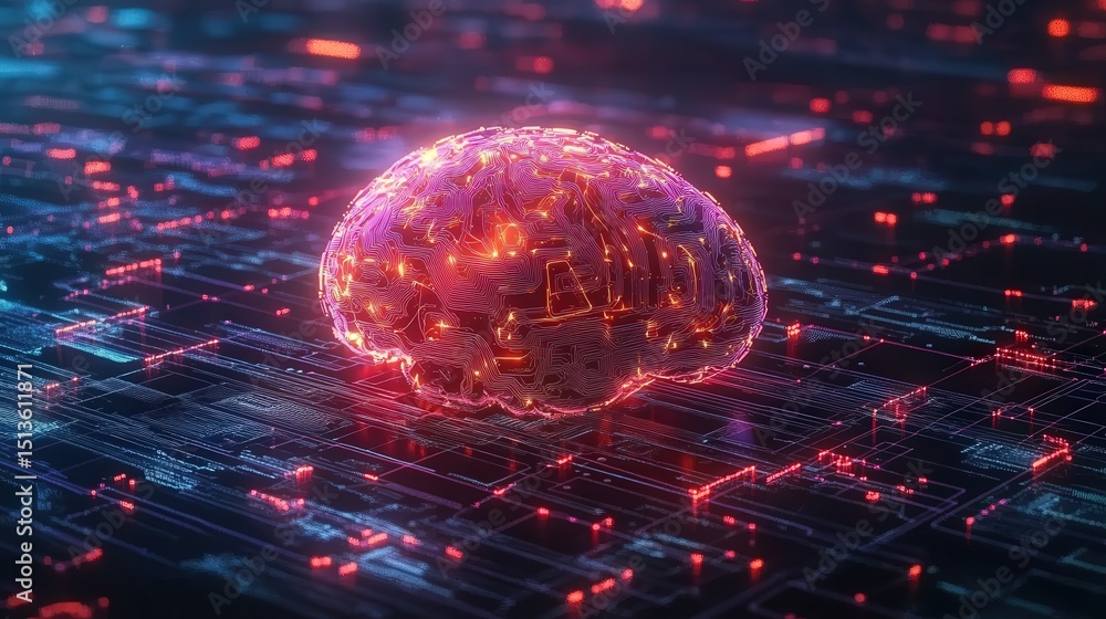 Poster a glowing digital brain surrounded by futuristic icons representing ai technologies and neural conne
