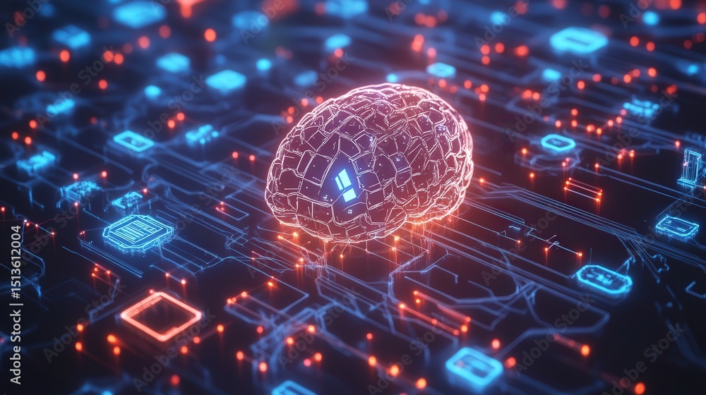 Poster a glowing digital brain surrounded by futuristic icons representing ai technologies and neural conne