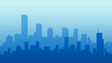 Skyline city background illustration, silhouette building cityscape in blue gradient