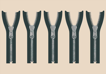 Vector illustration of zipper icons in various black and gray styles - zipper, icons, vector, black, gray, fastener, clothing, fashion, metal, graphic. © Lotus