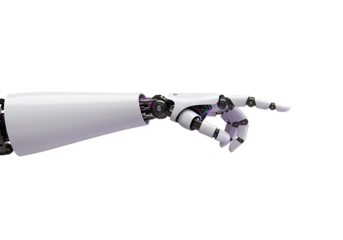Futuristic white robotic arm with pointing finger Isolated on transparent background