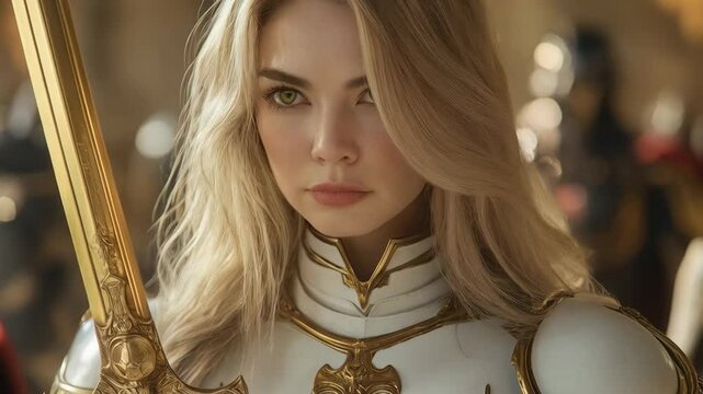A young woman knight wearing white and gold armor and holding a magic sword looks directly at the camera, a fantasy medieval game concept footage.