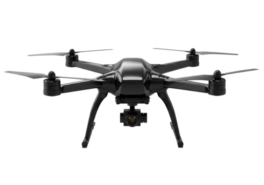 Modern black drone Isolated on transparent background for aerial photography and videography