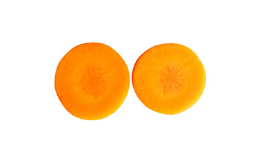 Top view set of two orange carrot slices in circles isolated on white background with clipping path