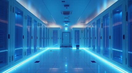 Fototapeta premium Illuminated Data Center Corridor with Rows of Servers and Advanced Technology