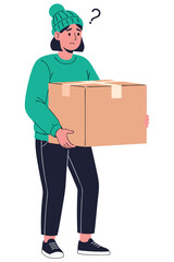 Confused Person Carrying a Box with Question Mark Representing Delivery Dilemma