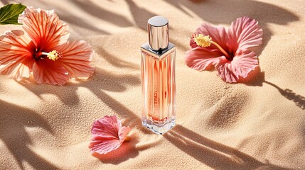 delicate pastel-themed matte bottle lying on soft beach sand, hibiscus petals drifting in frame, smooth diagonal lighting from sunset enhances warmth and sweetness