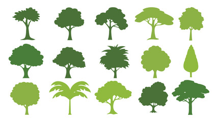 Set of green various trees silhouettes