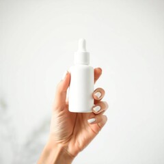 Serum Bottle Mockup Held by Hand on White Backdrop, Featuring Clean Aesthetic