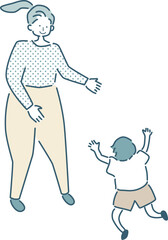 遊ぶ親子のシンプルな線画のベクターイラスト