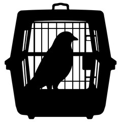 Fototapeta premium Bird in travel cage silhouette in black and white, animal transport safety