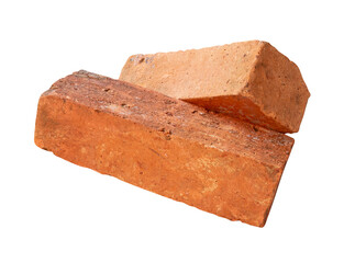 Side view of two cracked old red or orange bricks in stack isolated with clipping path in png file format
