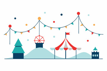 winter carnival scene with rides  string lights 