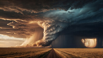 Photorealistic image of a colossal tornado forming under a dramatic supercell storm during sunset, lightning bolts striking from dark clouds, golden light illuminating the field, extreme weather scene
