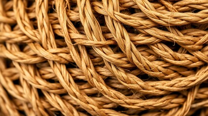 Detailed close up of twisted natural fiber rope in a tightly wound bundle