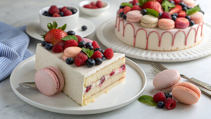 Elegant Cake Slice Topped with Berries & Macaroons
