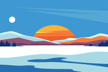winter sunset over frozen wetlands with distant 