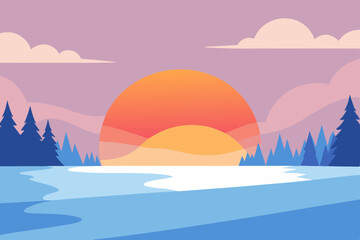 winter sunrise over a frozen lake with pink 