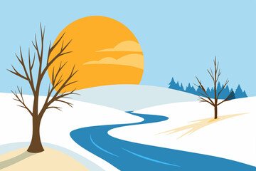 winter sunrise illuminating a snowy riverbank 