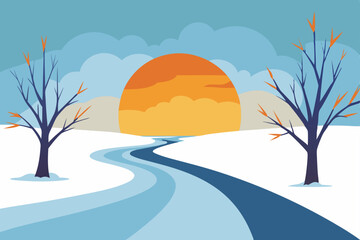 winter sunrise illuminating a snowy riverbank with.svg