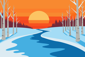 winter sunset reflecting off a frozen river lined