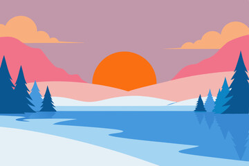 winter sunrise over a frozen lake with pink and 